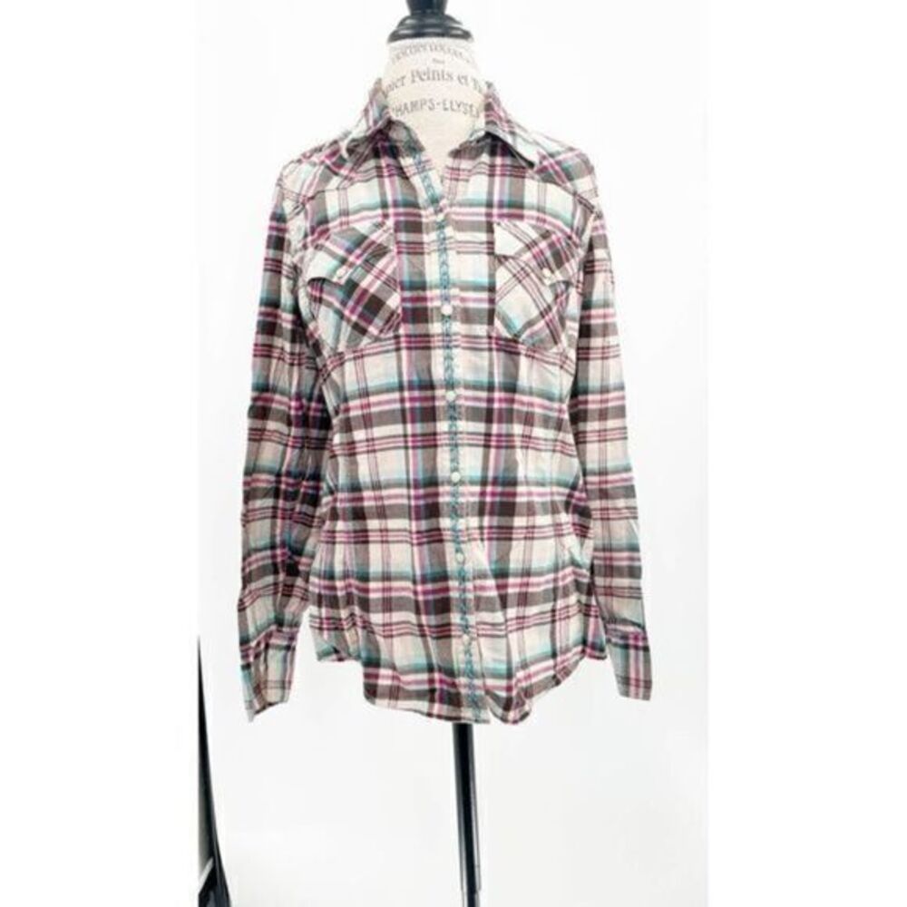 LUXURY BRAND DUNGAREES AMERICA Button Down Checkered Plaid Longsleeves Top LARGE